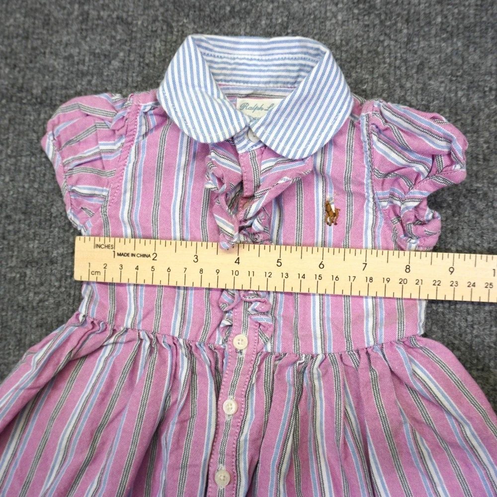 Ralph Lauren Dress Girl 3M Pink Striped Ruffle Front Short Sleeve Pony Preppy